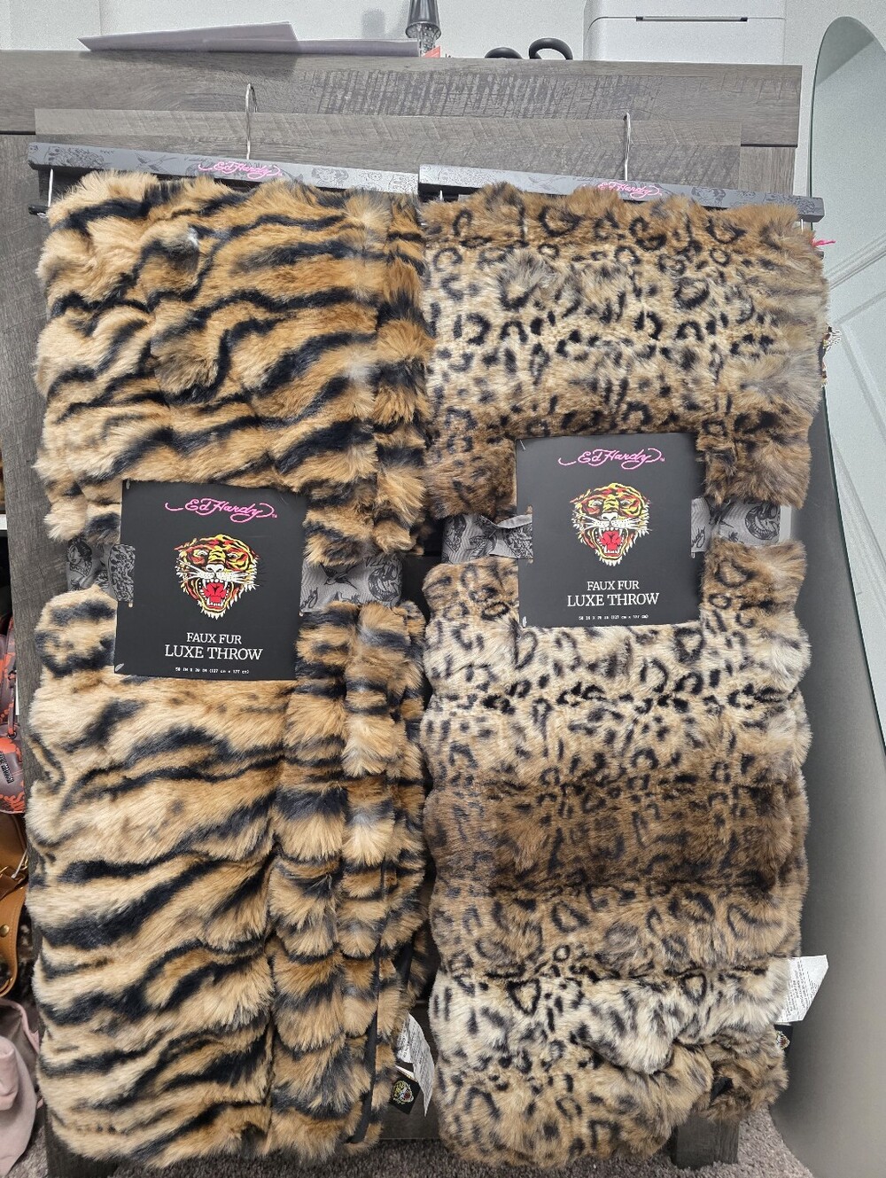 Set Of 2 Ed Hardy Faux Fur Luxe Throw Blankets Leopard & Tiger Print